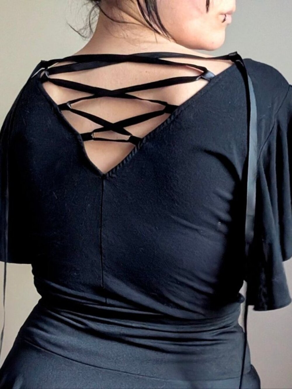 Y2K Lip Service Black Corset Lace Up Back Split Flutter Sleeve Vtg Mallgoth Top
